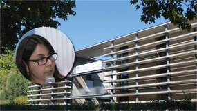 Assemblage photo, portrait de Daisy Moreira Cunha et photo de l'INSPE en fond