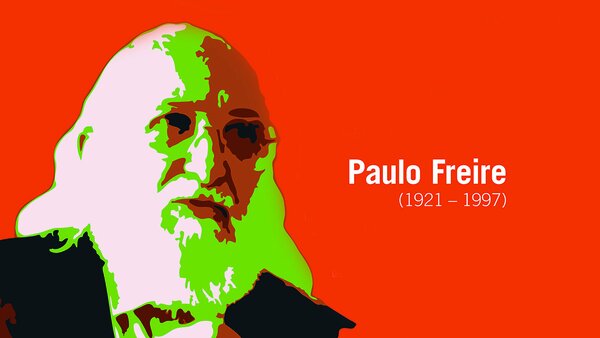 Visuel graphique, portrait de Paulo Freire | Crédits : Pierre Klinger, Simon Schoeffler 